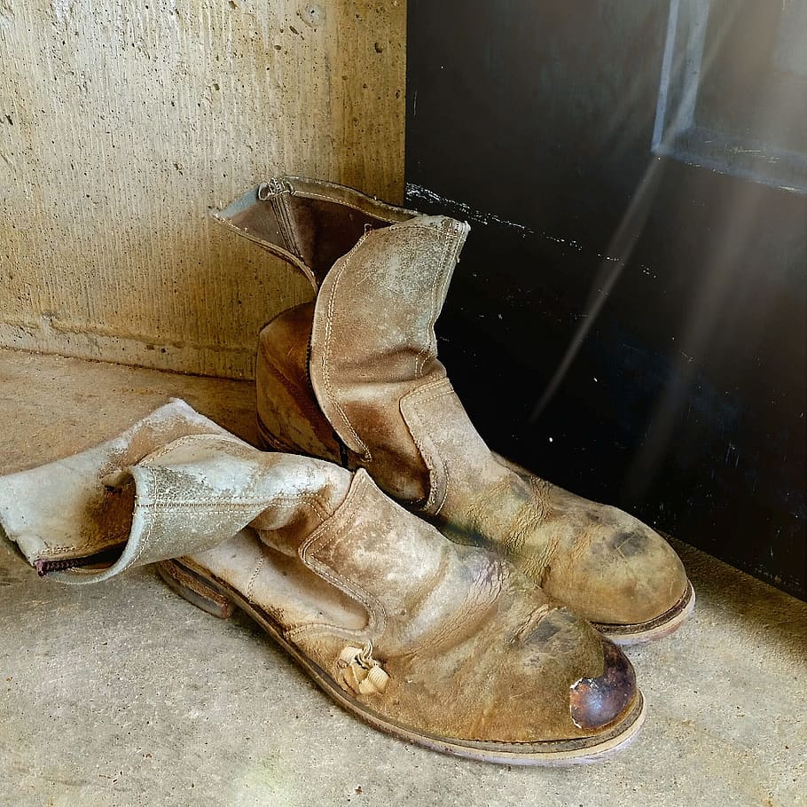 old boots, vintage, leather, work boots, country, grunge, shoe, boot, still life, flooring