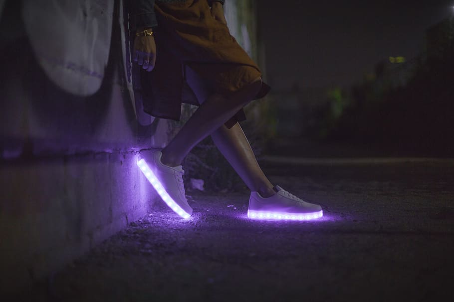 glowing, sneakers, night, dark, purple, lean, boy, man, male, wall