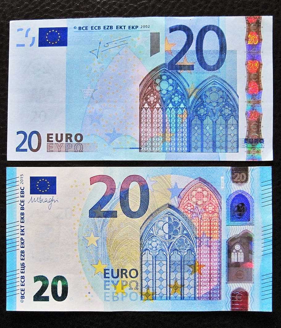 новые и старые двадцатые, 20 евро, лицевая сторона, банкнота, 20, валюта, евро, финансы, бумажные деньги, деньги
