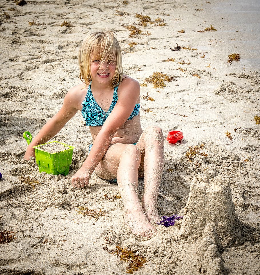 child, person, people, beach sand, playing, blond, happy, young, fun, girl