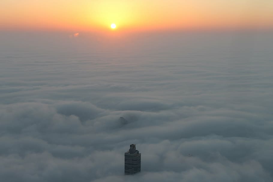 cityscape, fog, dubai, sunrise, burj, uae, sky, cloud - sky, sunset, scenics - nature