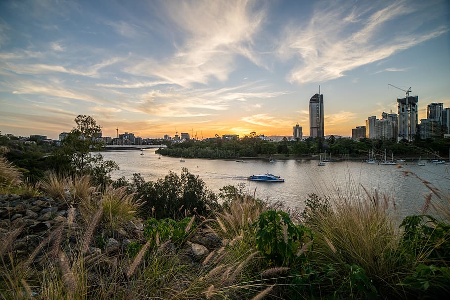Paisagem, rio, Austrália, Brisbane, balsa, horizonte urbano, paisagem urbana, cena urbana, arranha céu, crepúsculo