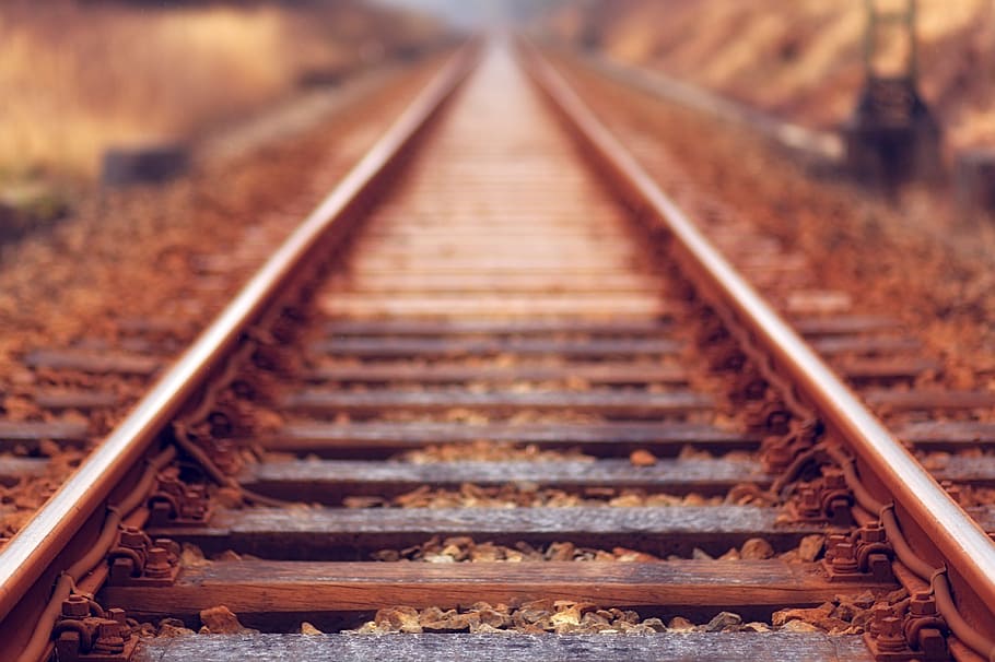 selective-focus, rail track, railway, track, outdoor, travel, blur, sunset, railroad Track, transportation