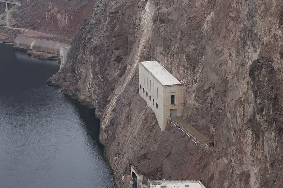 gray, concrete, building, side, steep, hill, hoover dam, nevada, hoover, dam