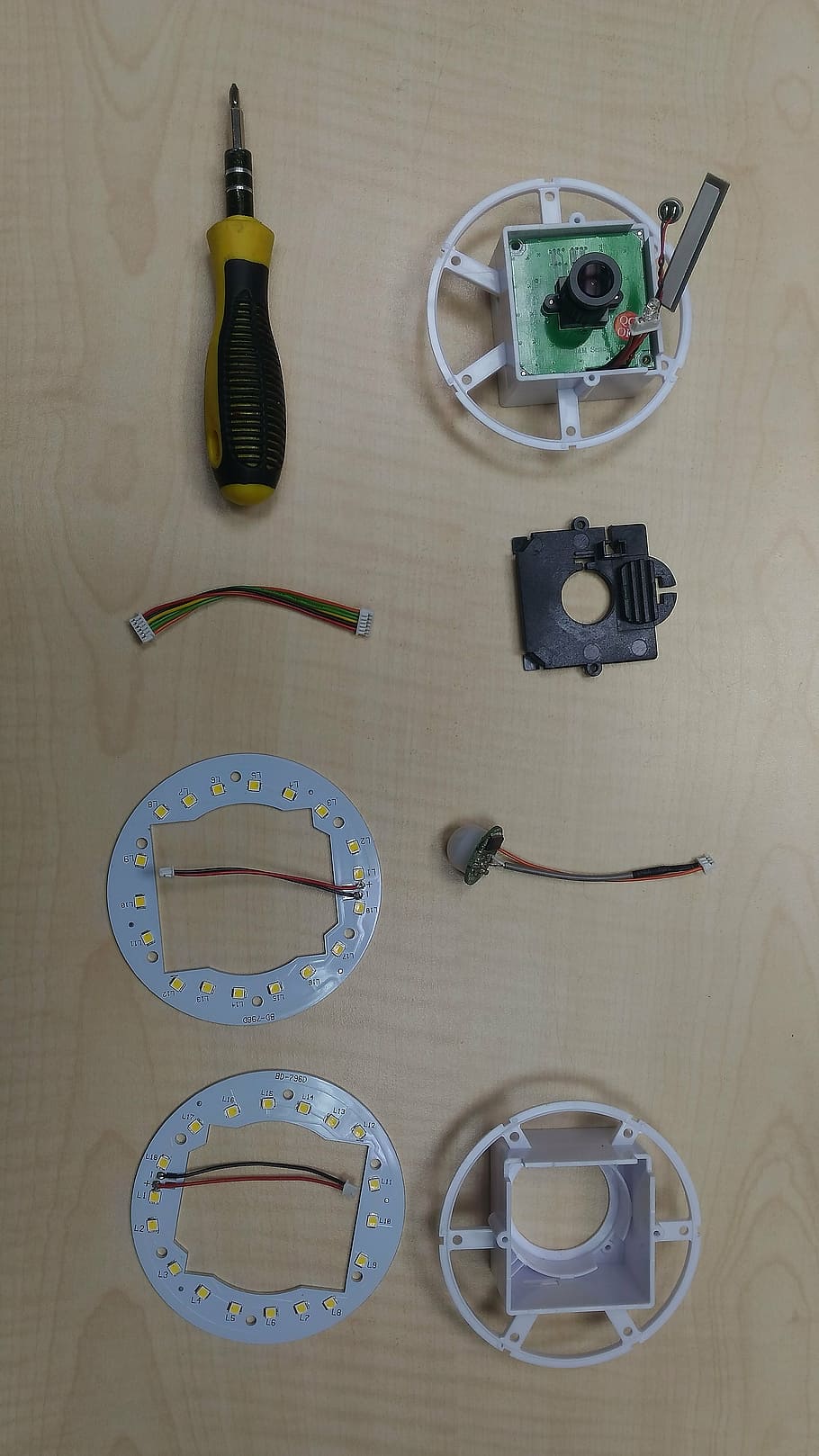 component, module, screw, led, pcb, still life, indoors, high angle view, directly above, table