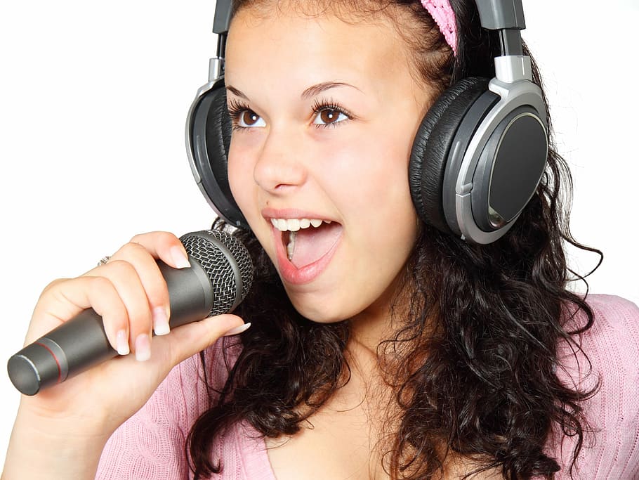woman, wearing, gray, headphones, holding, microphone, girl, karaoke, mic, music