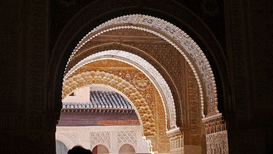 close-up photo, arch hallway, Granada, World Heritage Site, Alhambra, islamic art, arch, travel destinations, architecture, travel