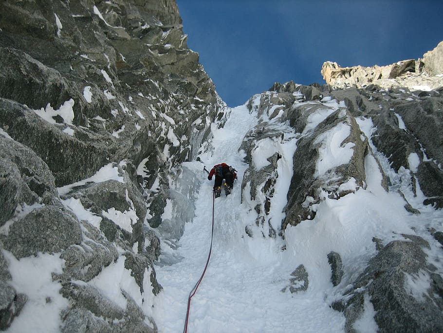 person, climbing, mountain, snow, icy channel, ice climbing, mont blanc du tacul, chamonix, alpine, mountains