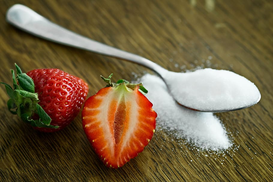 white, spoon, sugar, strawberry fruit, berry, close-up, cooking, delicious, dessert, food