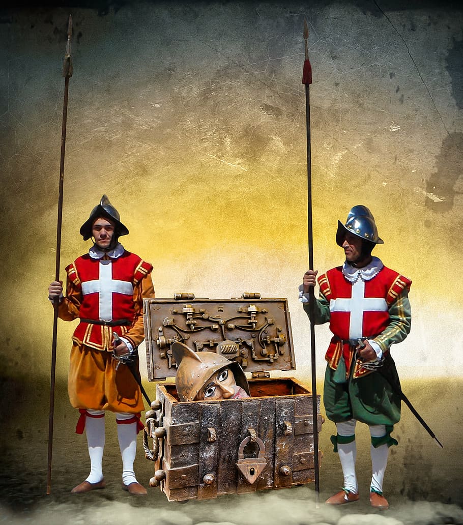 two, soldiers, standing, holding, spears, chest box, chest, box, treasure chest, middle ages