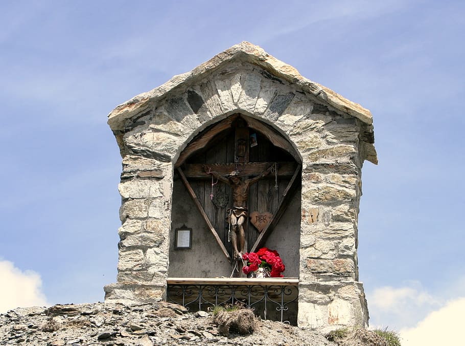Imagem, Estoque, Tirol do Sul, Memorial, estoque de imagens, cimeira, itália, cume da montanha, pelo amor de deus, cruz