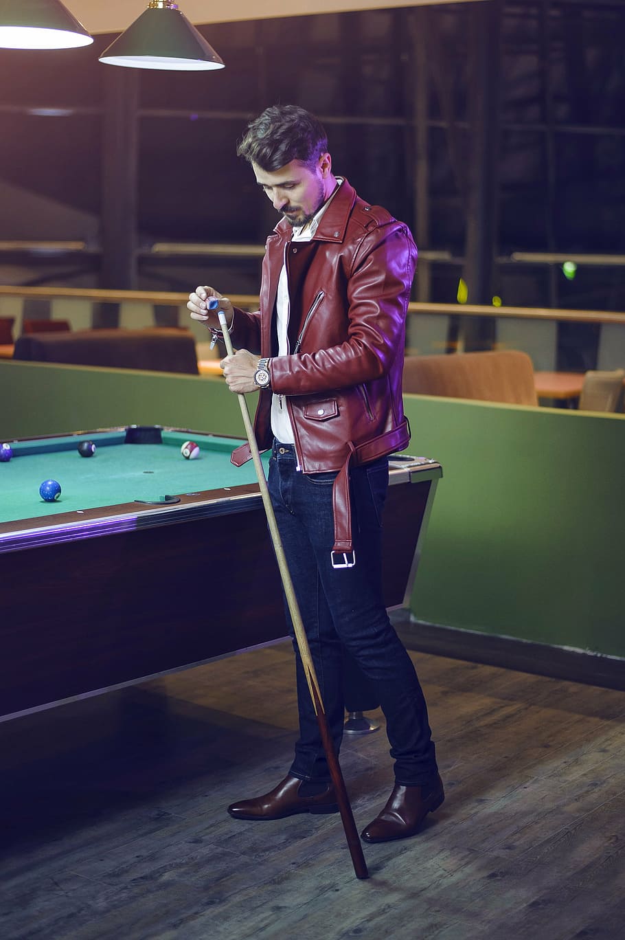 man, holding, cue, stick, standing, table pool, guy playing billiard, pool table, men, arcade games