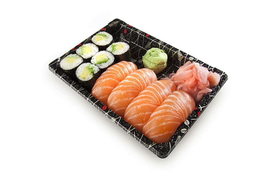 sushi, set, nigiri, maki, fish, raw, salmon, rice, wasabi, japanese food