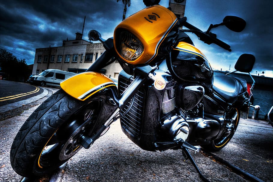lowlight photography, yellow, black, cruiser motorcycle, bike, motorbike, motorcycle, transportation, engine, speed