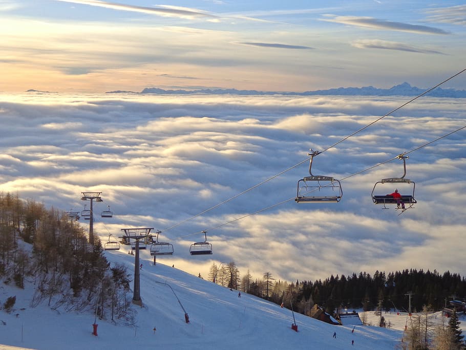 slovenija, krvavec, skiing, fog, track, sunset, clouds, chairlift, winter, snow