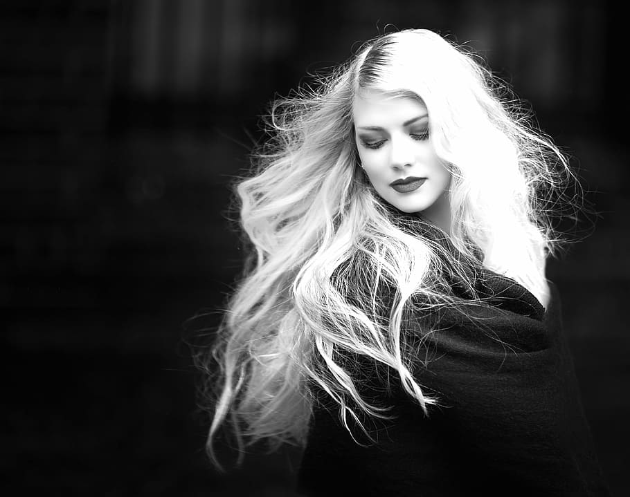 gray, scale photo, woman, wearing, black, top, blond, hair, face, blonde hair