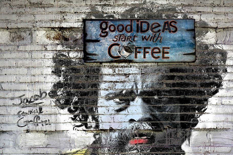 good, ideas, start, coffee graffiti, facial, wall, alley, graffiti, stencil, art