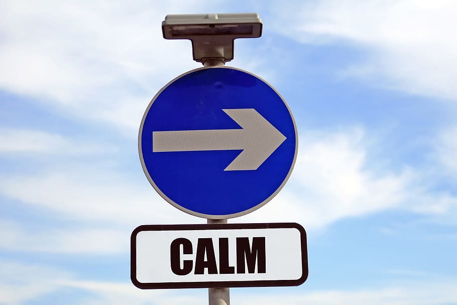 calm-printed road signage, blue, clouds, look, sign, sky, stop, symbol, meditate, meditation