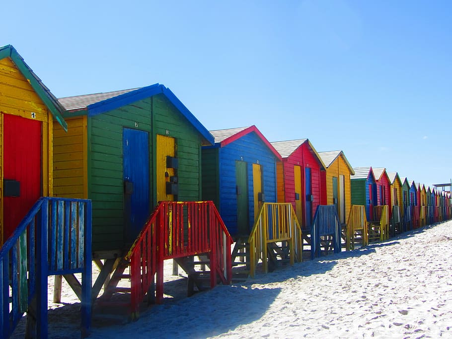 ciudad del cabo, playa, chozas, colorido, verano, multicolores, en una fila, tierra, azul, cielo