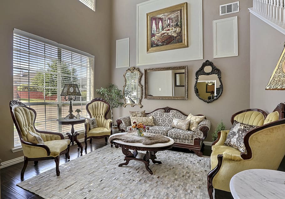 marrón, beige, 4 piezas, sofá de 4 piezas, conjunto, sala de estar, estilo, antiguo, elegante, vintage