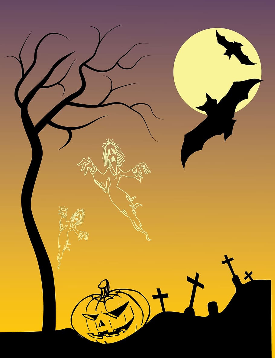 silhouette, trees, pumpkins halloween-themed illustration, halloween poster, drawing, scary, pumpkin, creepy, holiday, night