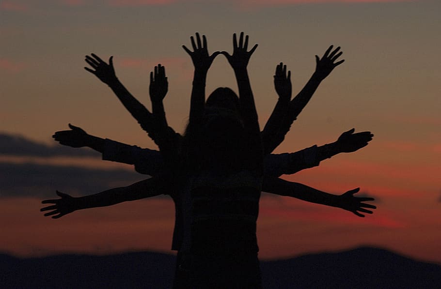 silhouette, people, raising, hands, tree, like, arms, fun, dusk, sunset