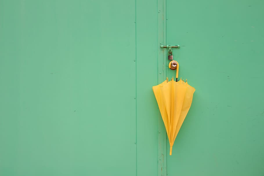 yellow, gate lever, Still Life, Umbrella, Color, green color, hanging, copy space, close-up, door