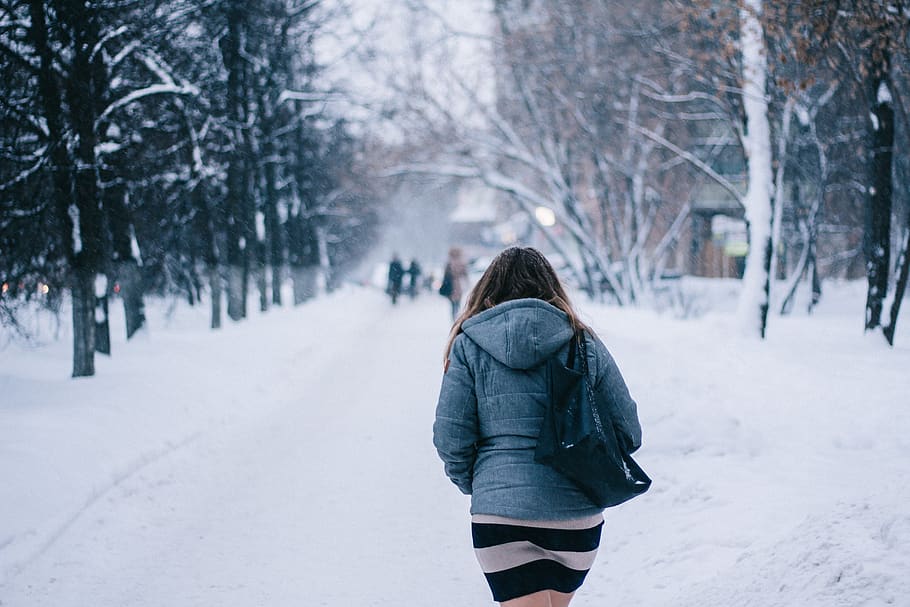 people, woman, back, walking, snow, winter, trees, plant, nature, travel