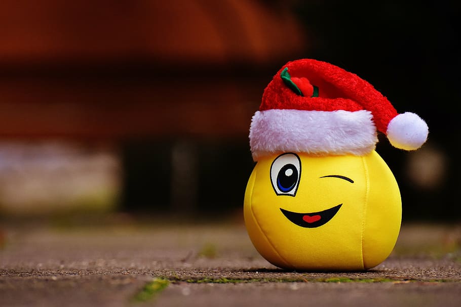 クリスマス, スマイリー, 面白い, 笑い, ウインク, サンタ帽子, お祝い, 表現, 黄色, 動物