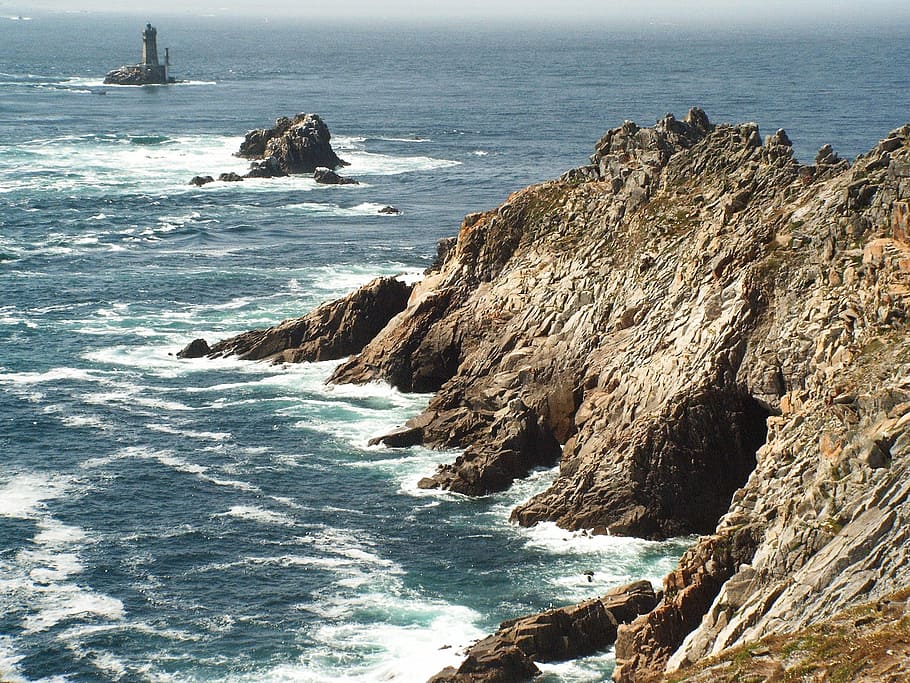 rocky, mountain, lighthouse, daytime, promontory, rock, atlantic, ocean, brittany, finistere