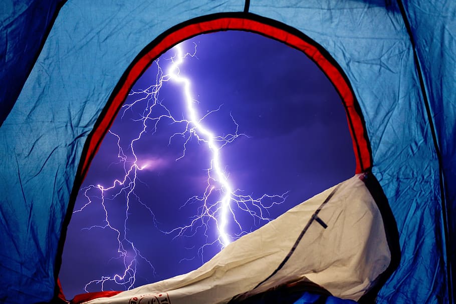 blue, red, dome tent, tent, camping, camp, tent camp, flash, storm, nature