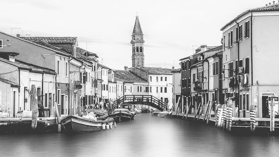 Italia, Venesia, Kanal, kanal venesia, foto hitam-putih, venice - Italia, hitam dan putih, arsitektur, Kapal Bahari, gondola