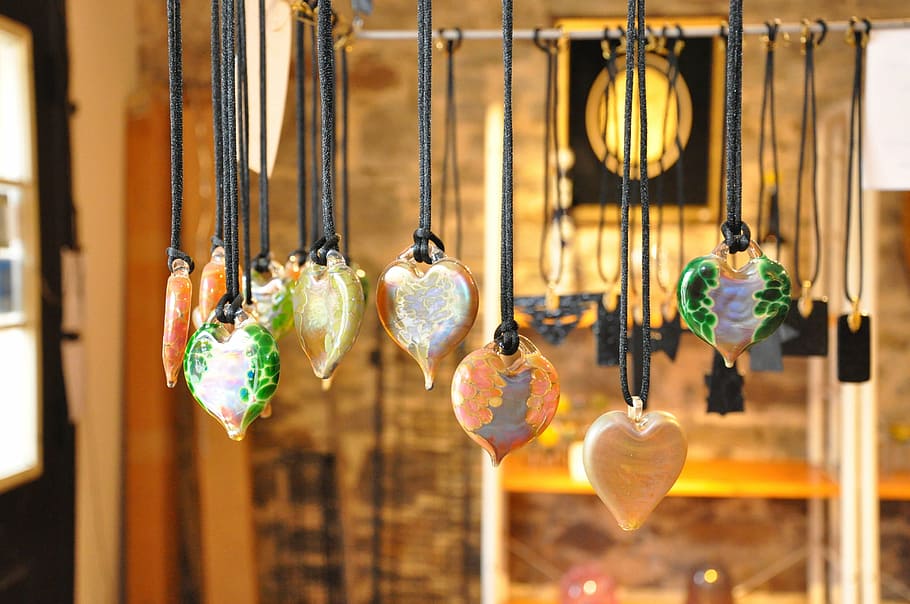 assorted-color gemstone, hear, pendant necklace lot, inside, room, glass, hearts, colour, color, love