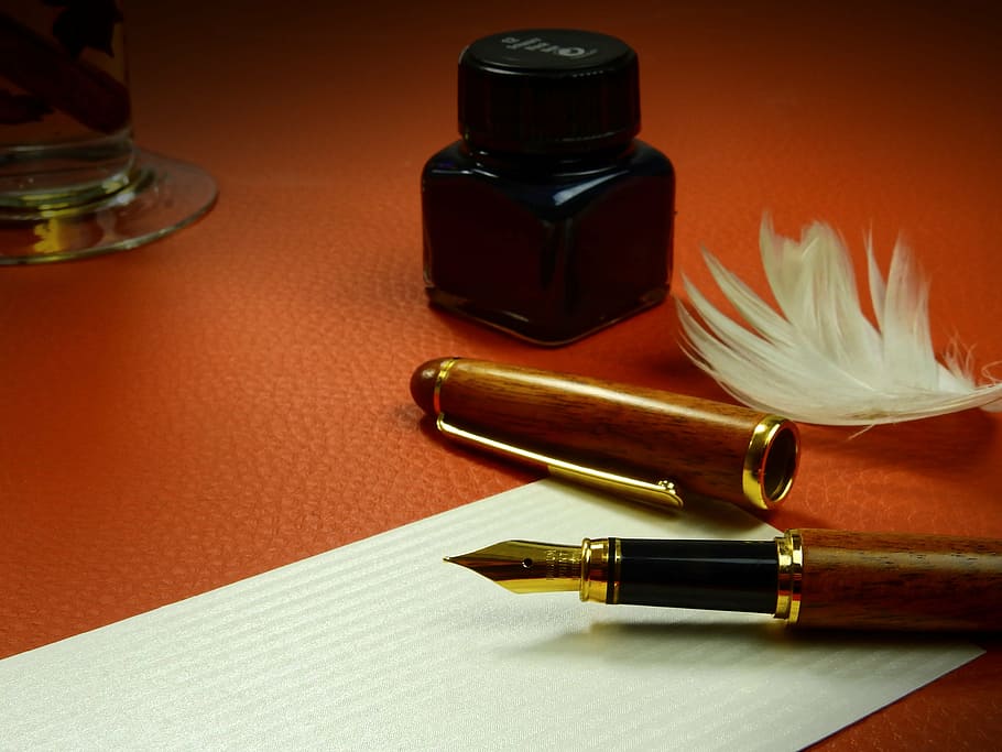 marrom, caneta tinteiro, branco, governado, papel, sair, comunicação, enchimento, caneta, instrumento de escrita