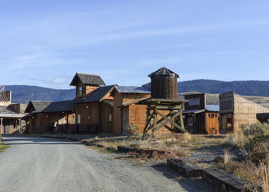 brown, house, blue, skie, brown house, deadman ranch, ancient, buildings, wooden, western style