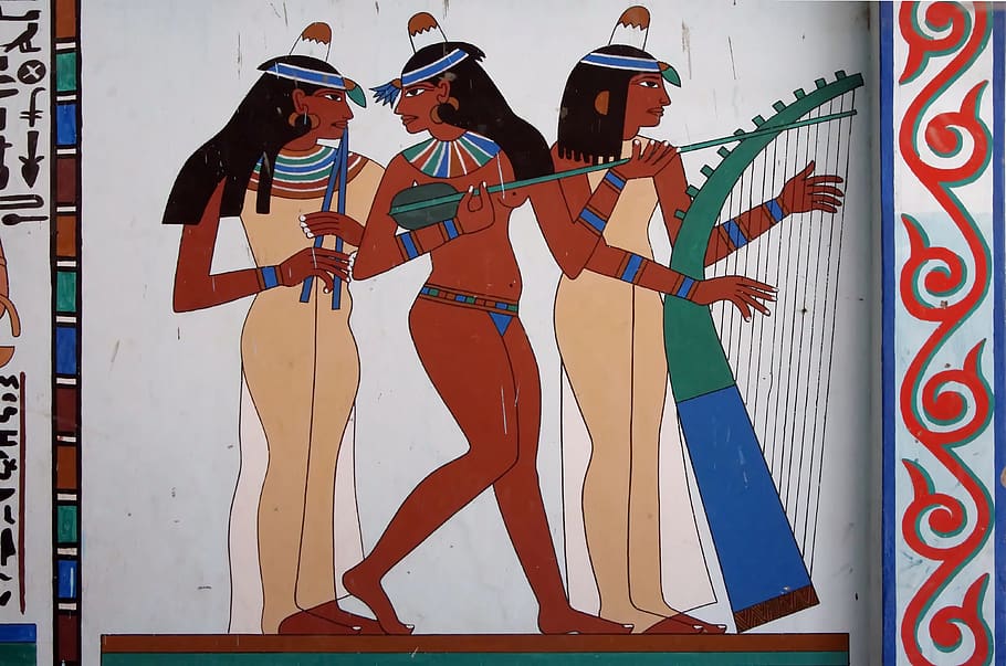 egypt, fresco, mural, decoration, antique, dancer, musician, people, fun, pharaoh