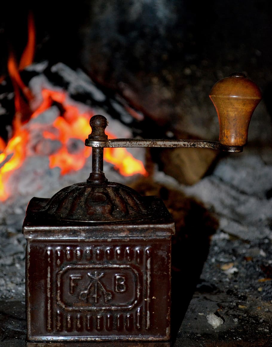 coffee grinder, grinder, fireplace, antiques, old, burning, fire, fire - natural phenomenon, flame, heat - temperature