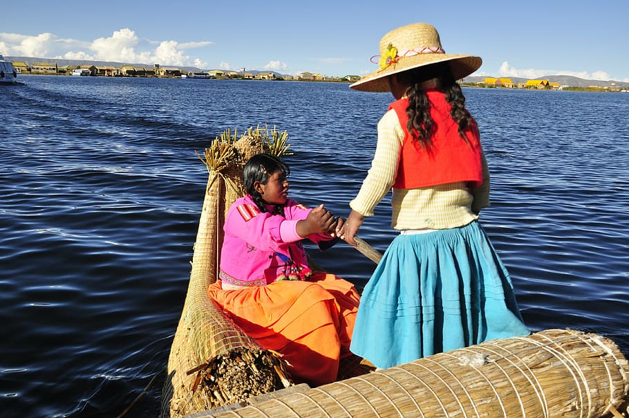niña, azul, falda, rojo, chaleco, Perú, Titicaca, lago, más, Bolivia