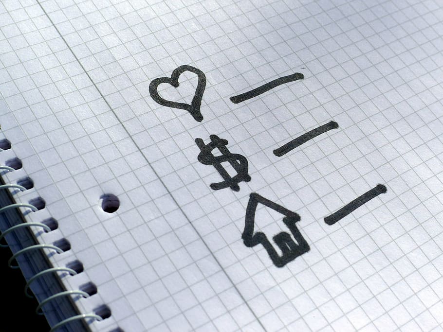 corazón, signo de dólar, casa, escrito, rayado, papel, lista de verificación, elección, prioridades, encuesta