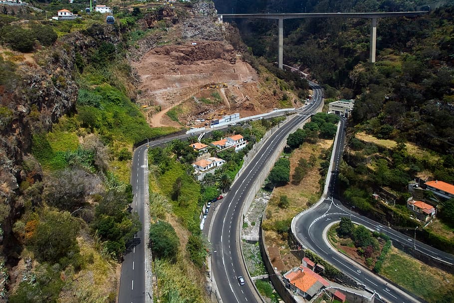 Madeira, Funchal, panorama, transporte, vista de ángulo alto, la carretera, planta, árbol, vehículo terrestre, ciudad