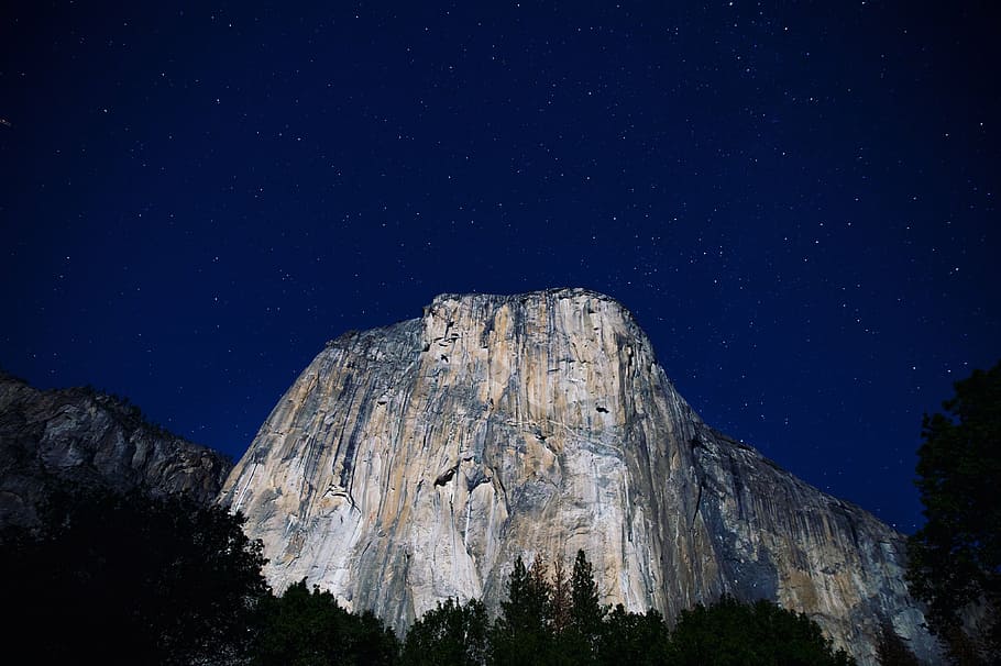 silhouette, trees, mountain, nighttime, cliff, exploration, landscape, nature, night, outdoors