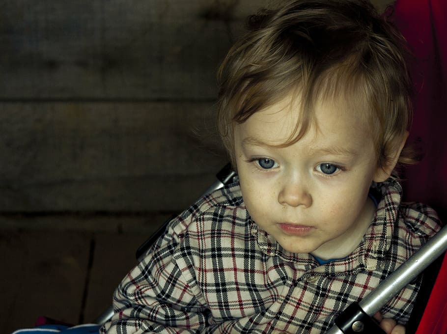 toddler boy sitting, boy, kid, cute, baby, blue eyes, stroller, serious, dark, plaid