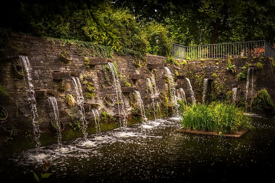 fountains, trick, water, tilt, shift, park, city, ambient, mood, relaxing