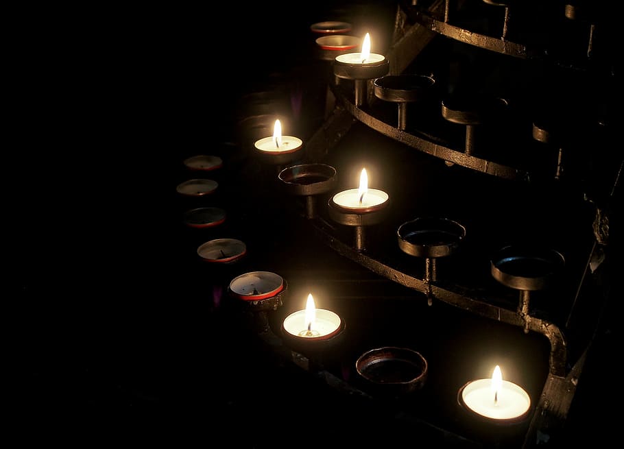 lit, white, tealight candles, votive, candle, church, light, christian, religious, flame