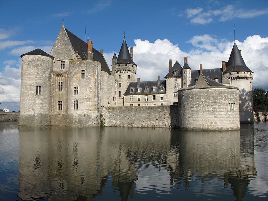 gray, black, concrete, castle, château of de sully sur loire, chateau sully in the loire valley, moated castle, castle in france, places of interest, romance