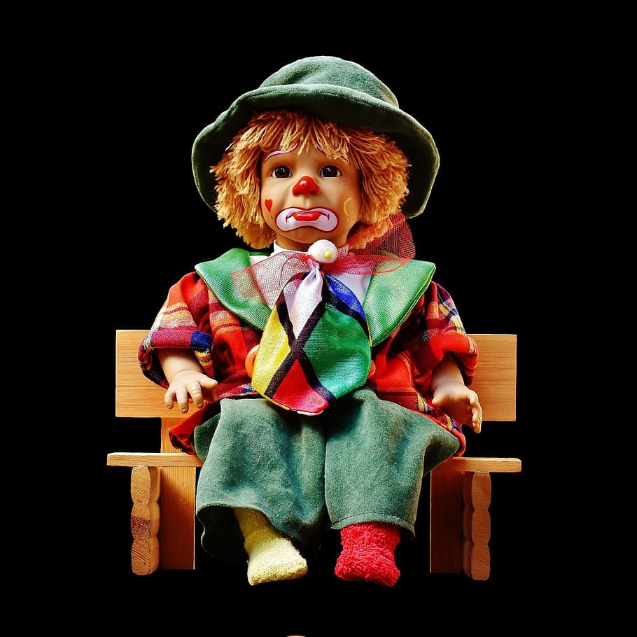 boneka, badut, sedih, bank, duduk, penuh warna, manis, lucu, mainan, anak-anak