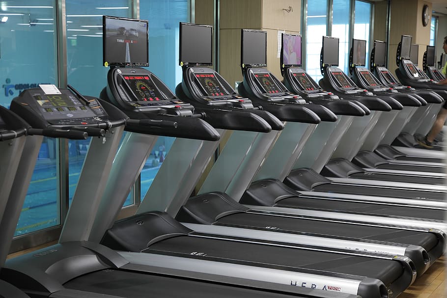 treadmill, exercise, diet, in a row, indoors, large group of objects, arrangement, side by side, collection, technology