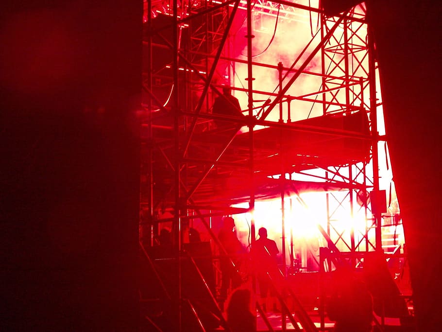 backstage, stage, buehenbeleuchtung, disco, red, architecture, built structure, construction site, scaffolding, sunlight