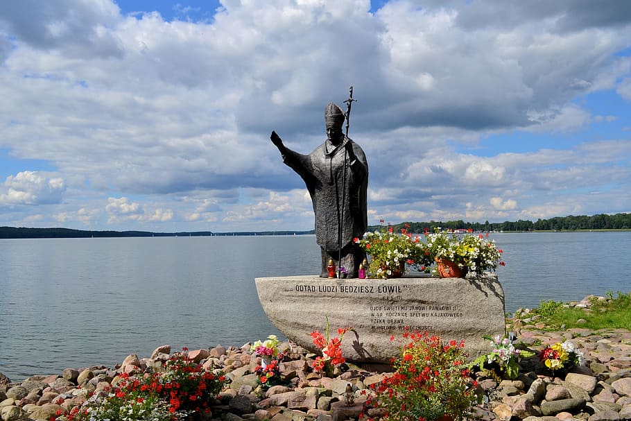 Czaplinek, Poland, Clouds, Lake, sky, water, scenic, statue, monument, pope john paul