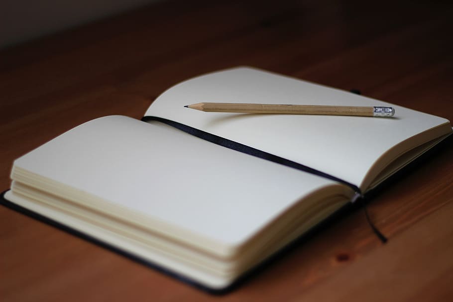 libro, lápiz, madera, superficie, marrón, claro, blanco, papel, escribir, cuaderno
